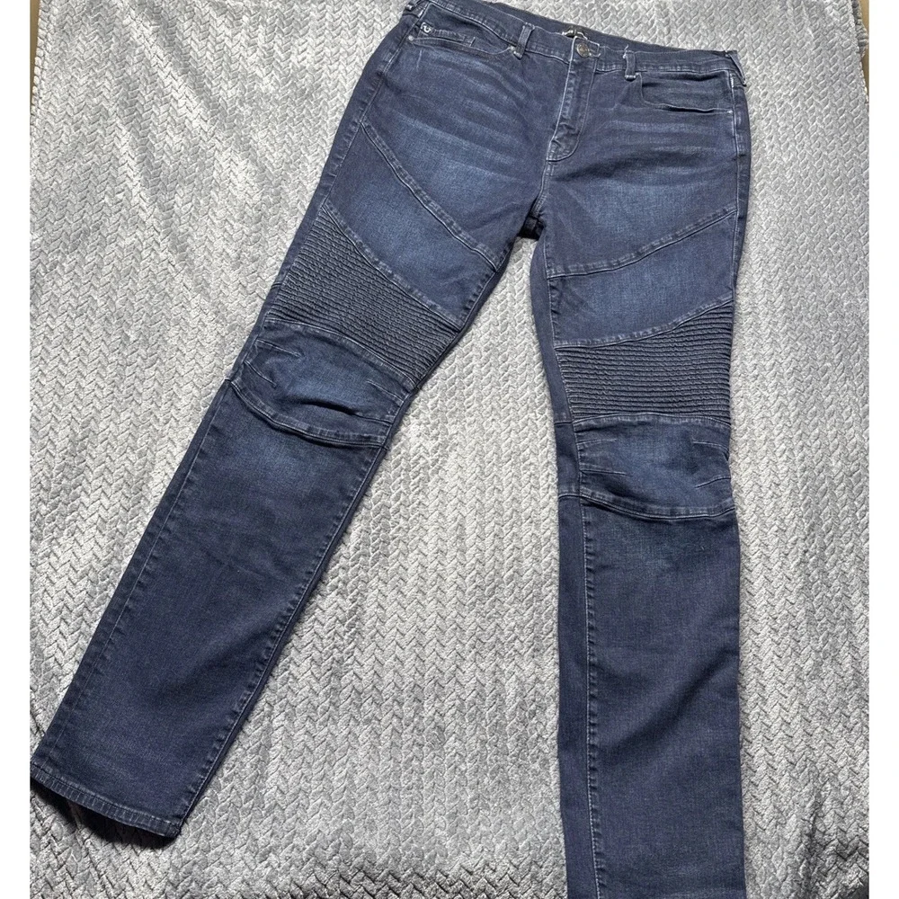 True Religion Rocco Men 38x33 Biker Moto Relaxed Skinny Denim Blue Jeans Stretch